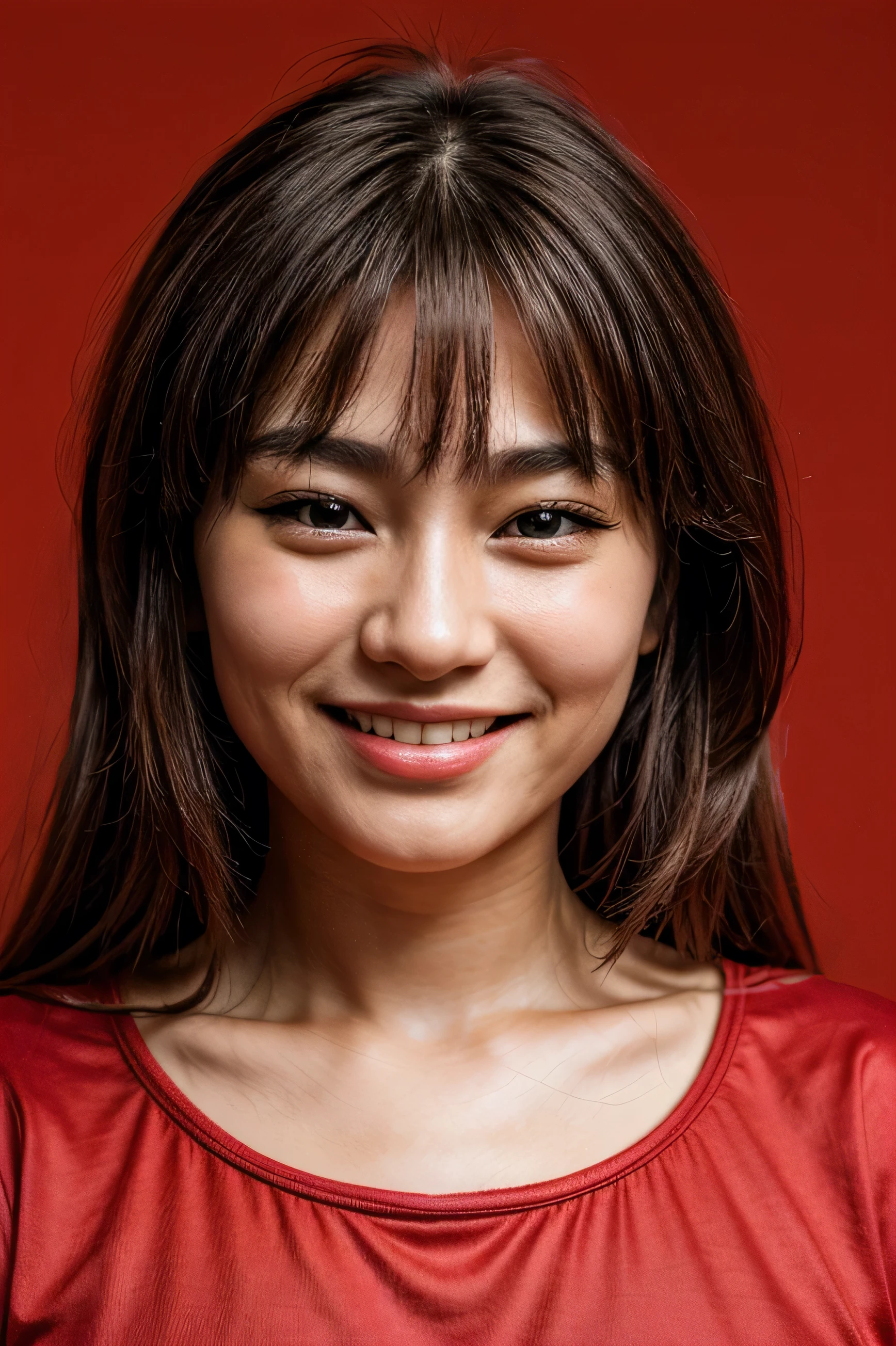face perfect, beautiful face of a Japanese , Smiling beautiful,in red background