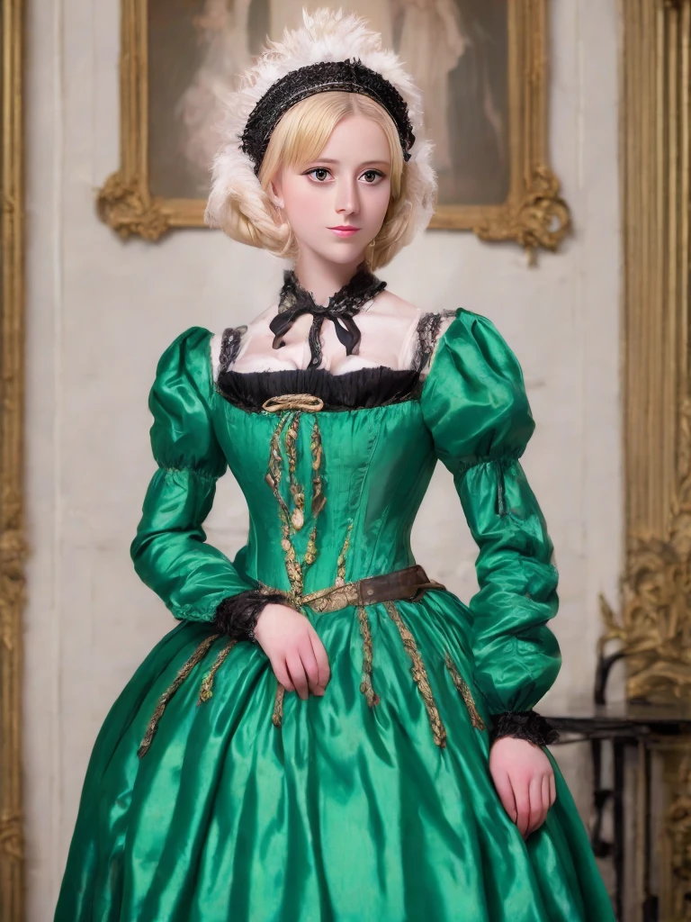 arafed woman in a green dress with a feathered headpiece, a portrait inspired by Mary Beale, flickr, rococo, 1 7 th century duchess, dress in the style of rococo, wearing a noblewoman's outfit, historical baroque dress, aristocratic clothing, georgian dress amazing fabric, rococo queen, in historic clothing, rococo dress