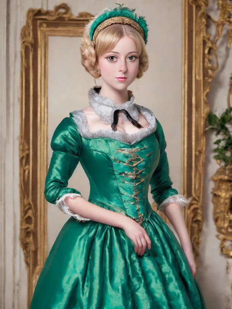 arafed woman in a green dress with a feathered headpiece, a portrait inspired by Mary Beale, flickr, rococo, 1 7 th century duchess, dress in the style of rococo, wearing a noblewoman's outfit, historical baroque dress, aristocratic clothing, georgian dress amazing fabric, rococo queen, in historic clothing, rococo dress