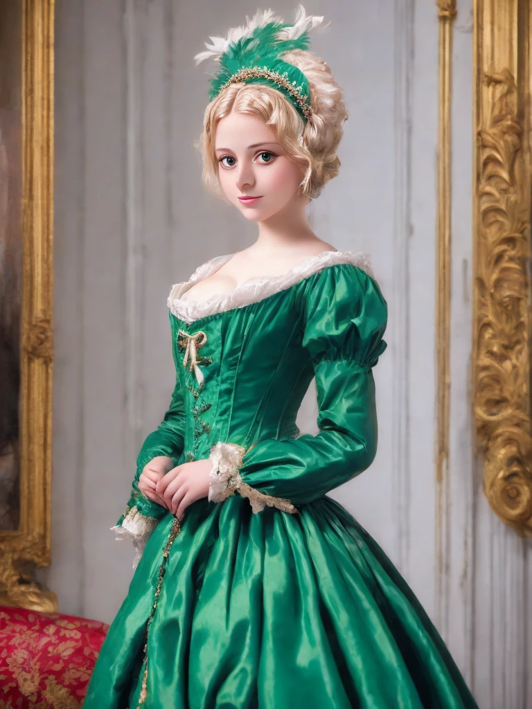 arafed woman in a green dress with a feathered headpiece, a portrait inspired by Mary Beale, flickr, rococo, 1 7 th century duchess, dress in the style of rococo, wearing a noblewoman's outfit, historical baroque dress, aristocratic clothing, georgian dress amazing fabric, rococo queen, in historic clothing, rococo dress