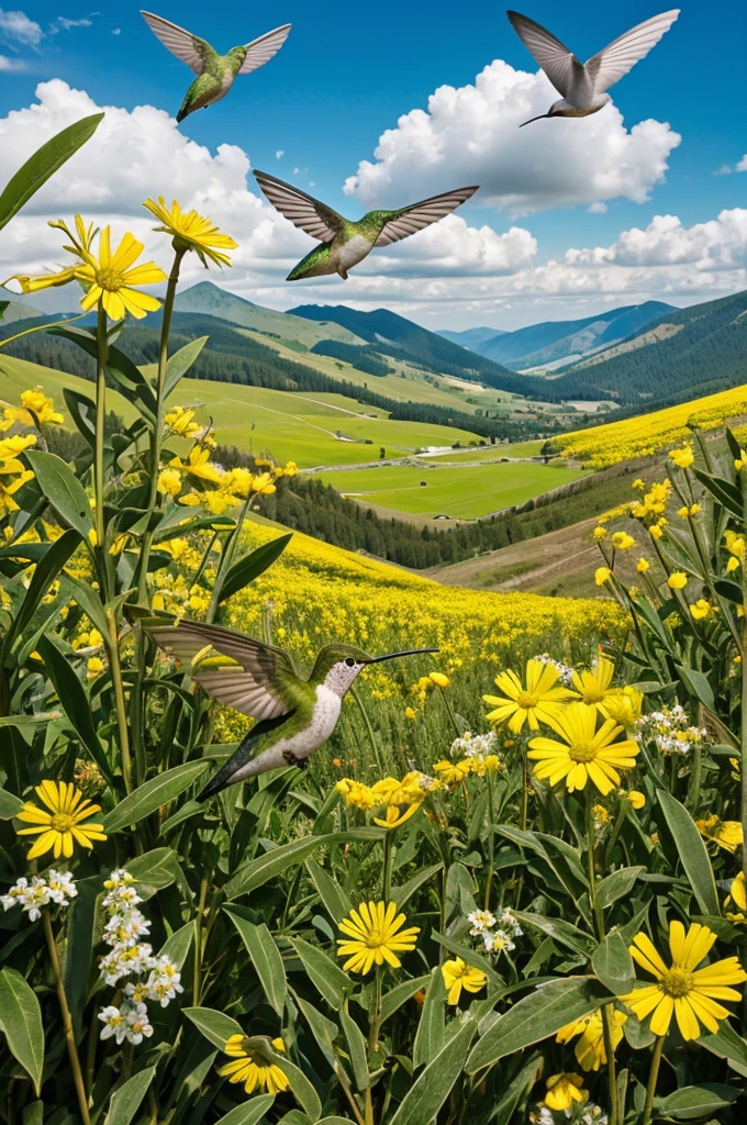 landscape with a hummingbird and a white and yellow bird