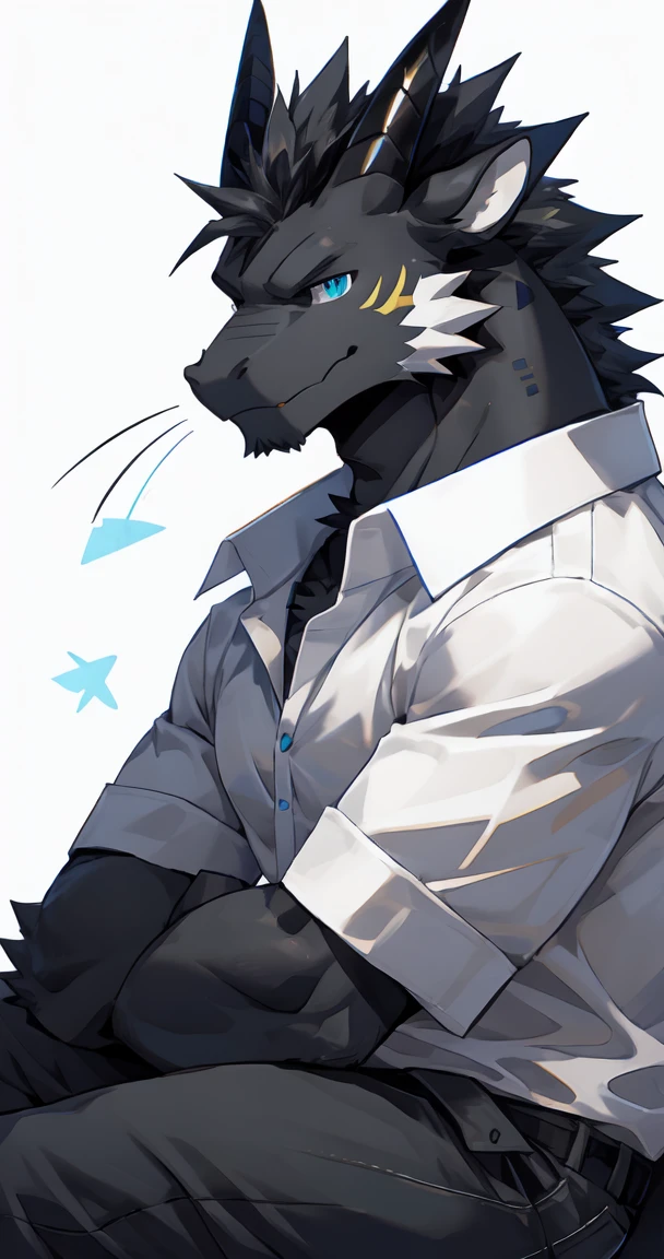 (by sollyz),dragon,white and black body,detail face, detail eyes, detail,male,(white shirt:1.2),pants,furry, short hair,(whiskers:1),__b2__,
,blue eyes,black body,handsome,simple background,
strong,epic,