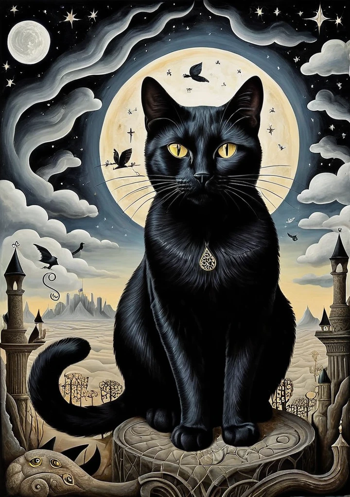 black cat surrealist art. dream like, mysterious, provocative, symbolic, intricate, detailed