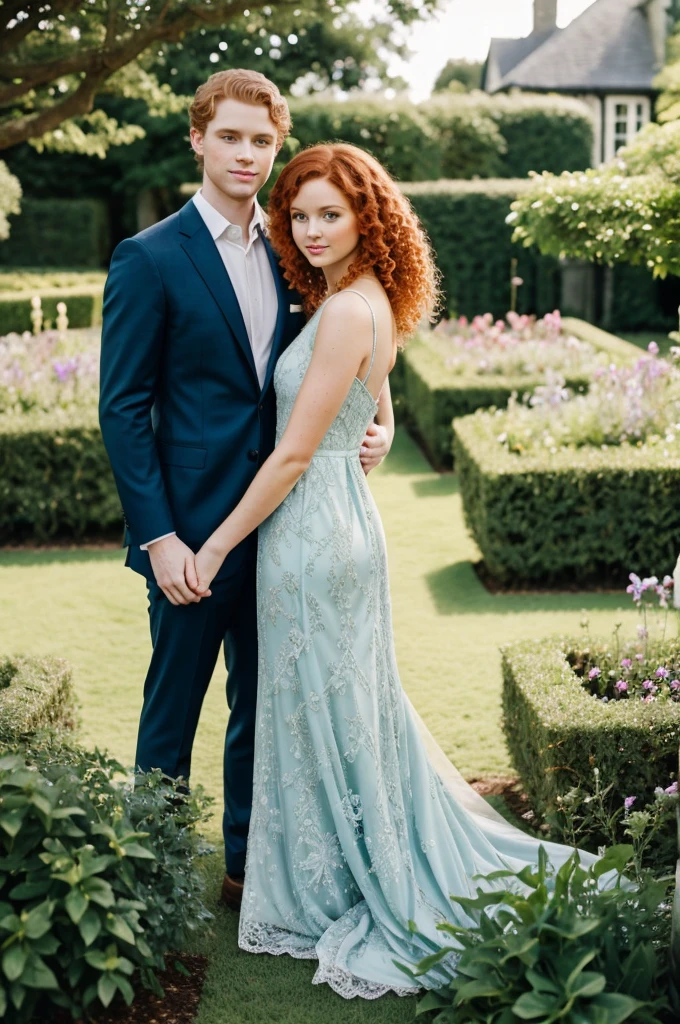 Curly redhead girl green eyes dressed elegant, and an elegant blue-eyed blonde boy. in a garden