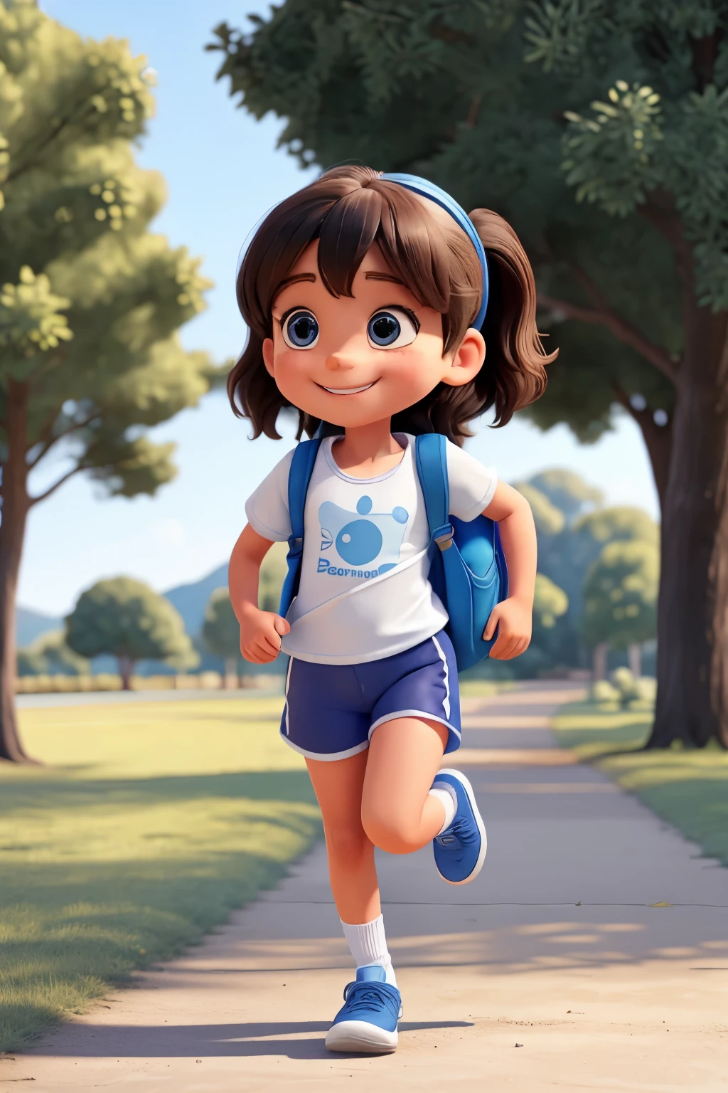 FOUR YEAR OLD WOMAN RUNNING FAST, smiling in blue shorts , white shirt, black sneakers and WITH BACKPACK ON THE BACK
