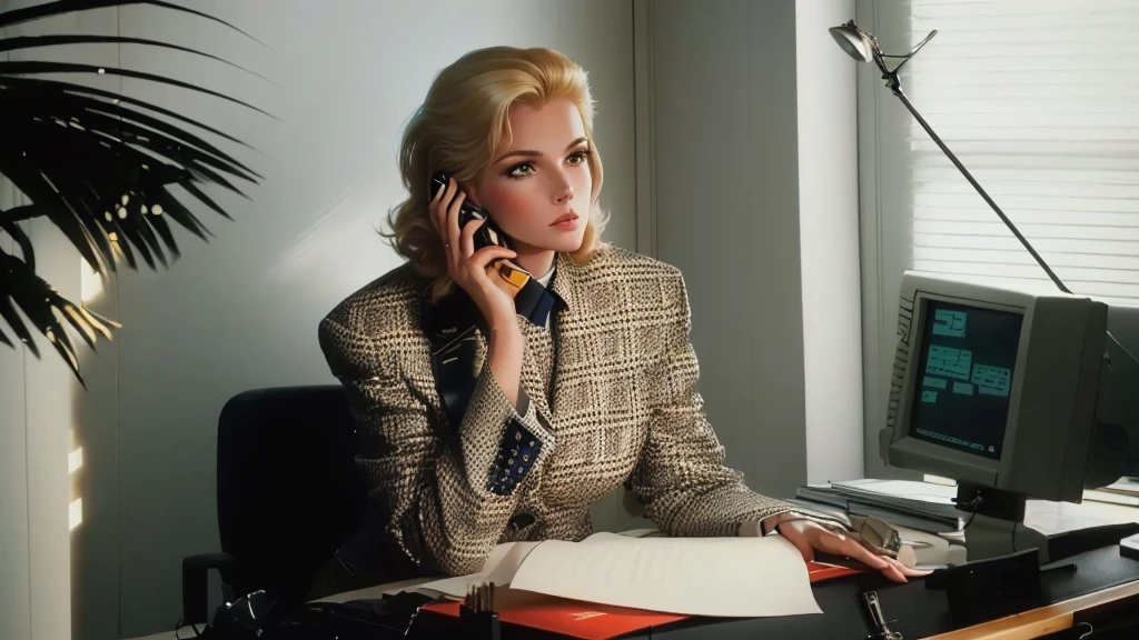 blond woman sitting at desk talking on telephone with computer monitor, 1 9 8 0 s business fashion, business woman, 1 9 8 0 s woman, woman in business suit, young business woman, denis velleneuve, female in office dress, sat at her desk, female lawyer, wearing a strict business suit, serious business, working hard, portrait of kim wexler