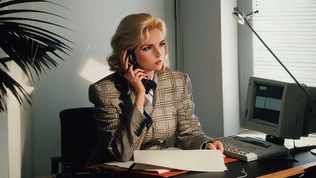 blond woman sitting at desk talking on telephone with computer monitor, 1 9 8 0 s business fashion, business woman, 1 9 8 0 s woman, woman in business suit, young business woman, denis velleneuve, female in office dress, sat at her desk, female lawyer, wearing a strict business suit, serious business, working hard, portrait of kim wexler
