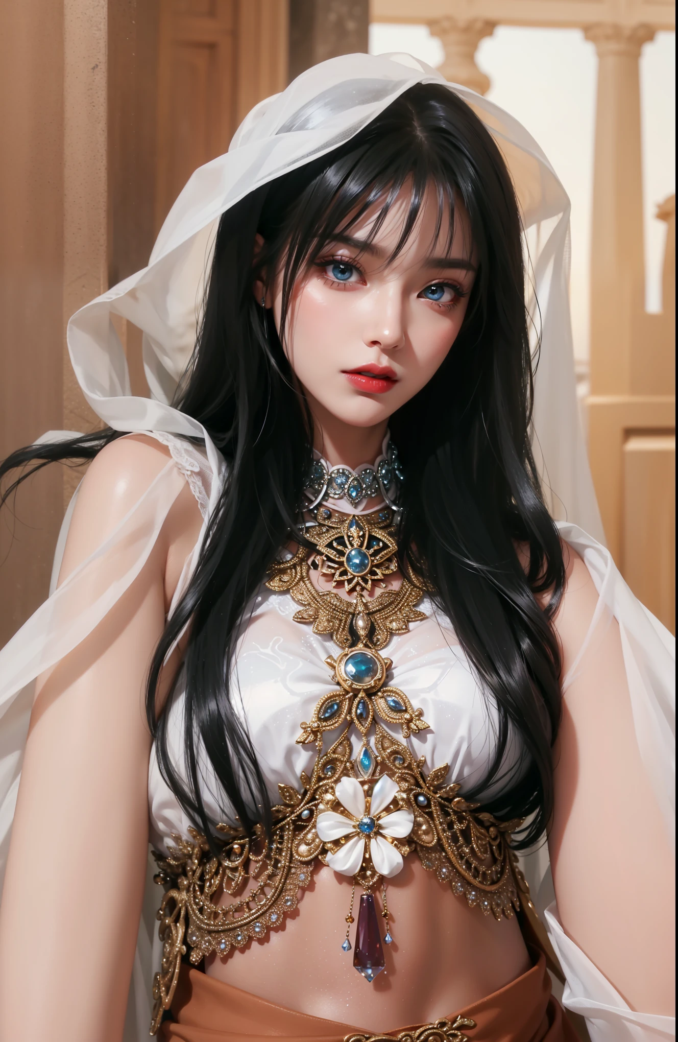 Royal sisters，Exquisite eyes，Frozen queen，Put the crown on your head，Detailed facial expressions body，tall and big，Glamorous characters，Leg length，4K，HD，The look，White translucent lace，白皙Full figure，Little cherry mouth，Beautiful and lovely，Full figure，Glossy Gel Coat，Vampire Queen in luxurious gown，Have a tattoo(Intricate tattoo designs)，The tattoo is very three-dimensional，Ice Princess，Rich facial details，Eyes are blue(Pupils as deep as the starry sky)，Gorgeous silk(Silky reflective)，Wear dark red lipstick，Greek goddess，