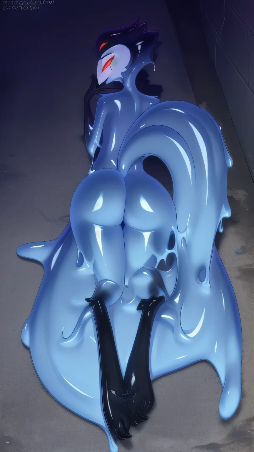 fox0808 (style), ((masterpiece)), ((8k quality)), (no watermark), stolas, male, looking at viewer, detailed alley, laying down showing feet, sleek, shiny blue slime suit, goo, gooey, long tail feathers, butt,