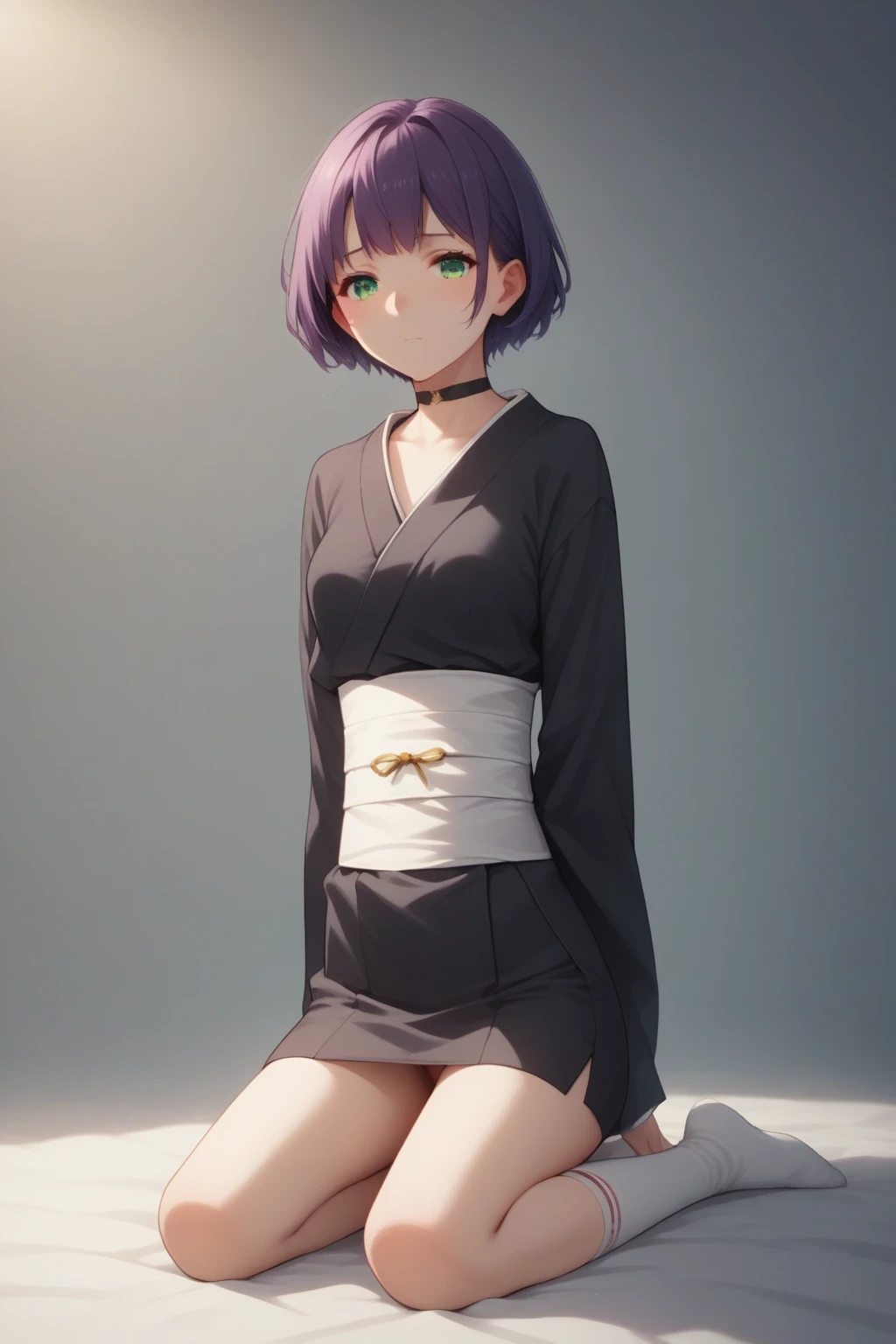  source_anime,intricate details, anime screencap, official style, 1girl, 1male, sex, nemu, purple hair, green eyes, looking at viewer, simple background, frontal view, black kimono, white sash, long sleeves, expressionless, mature woman, short skirt, kneeling, white socks, full body, sitting, choker