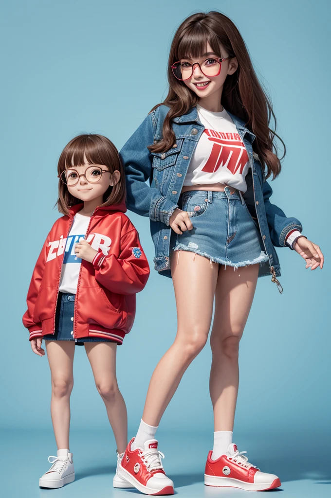 Funnily character,disney pixar style,3d,very tiny,with long brown hair with bangs , heat denim pleated skirt, red al star sneakers, red american football style jacket, with happy face, light blue skin,round pink glasses, white background 8k quality
