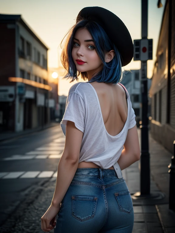 Kate, Short black hair with blue highlights, looking at the viewer, Blue eyes, perfect and sensual body, white t-shirt, long jeans ripped at the left knee, white sneakers with pink details, Streets of France, Mount Fuji in the background, day, (( pose for photo, hands on waist )), (( )), short hair, highlighted hair, black hair, highlighted hair, blue hair, hair behind the ear, hair over one eye, shy, upper teeth, red lips, seductive smile, beret, short hair, streaked hair, black hair, streaked hair, blue hair, hair behind ear, hair over one eye, shy, red lips, seductive smile, cinematic lighting, silhouette, cowboy shot, hyperrealism, cinematic lighting, silhouette, cowboy shot, Hyperrealism, from behind