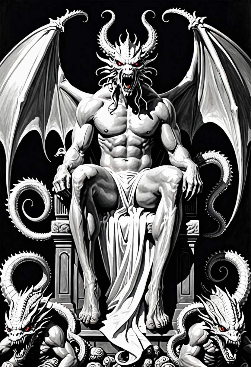 surrealism art, disturbing nightmare, mysterious, Provocative, symbolic, complex, detailed, high qualiy, lovecraftian creature, cosmic horror, gothic horror, monstrous face, mouth with sharp teeth, muscled body, Dragon Wings, tentacles instead of legs, sitting on a throne of human bones, seminu, wearing white toga, Erotic horror.
