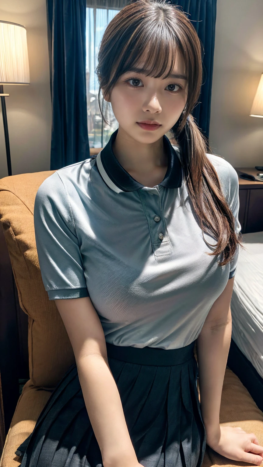 (8K, RAW Photos, Highest quality, masterpiece:1.2), (professional photography, full colors, studio-caliber color grading), (Gravure quality for high-end fashion magazines), close up, BREAK,18 year old girl,(perfect long ponytail:1.1), crying a little, Harajuku style, Big Natural Color Lip, (Plumpy body:1.2), (smooth skin:1.1 (huge breasts:1.2 (expresses the roundness and softness of the chest area..:1.1  BREAK (collared polo shirt), pleated skirt, BREAK (hotel room:1.2)