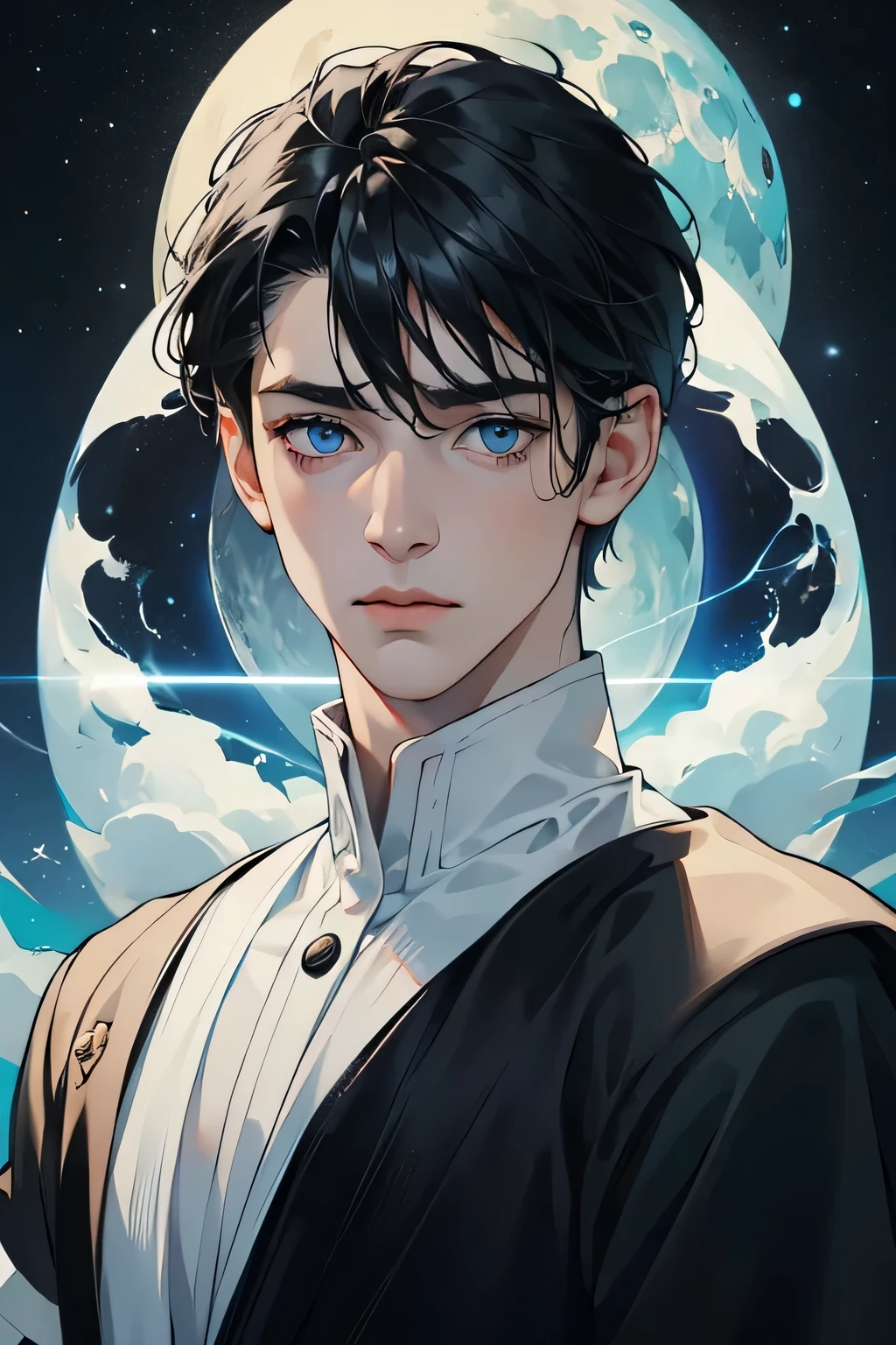 1 boy, black layer hair with bangs, white skin, good skin, blue eyes, cool, hansome, magic, kingdom, black booys, black cloth, astral view, focus face, moon