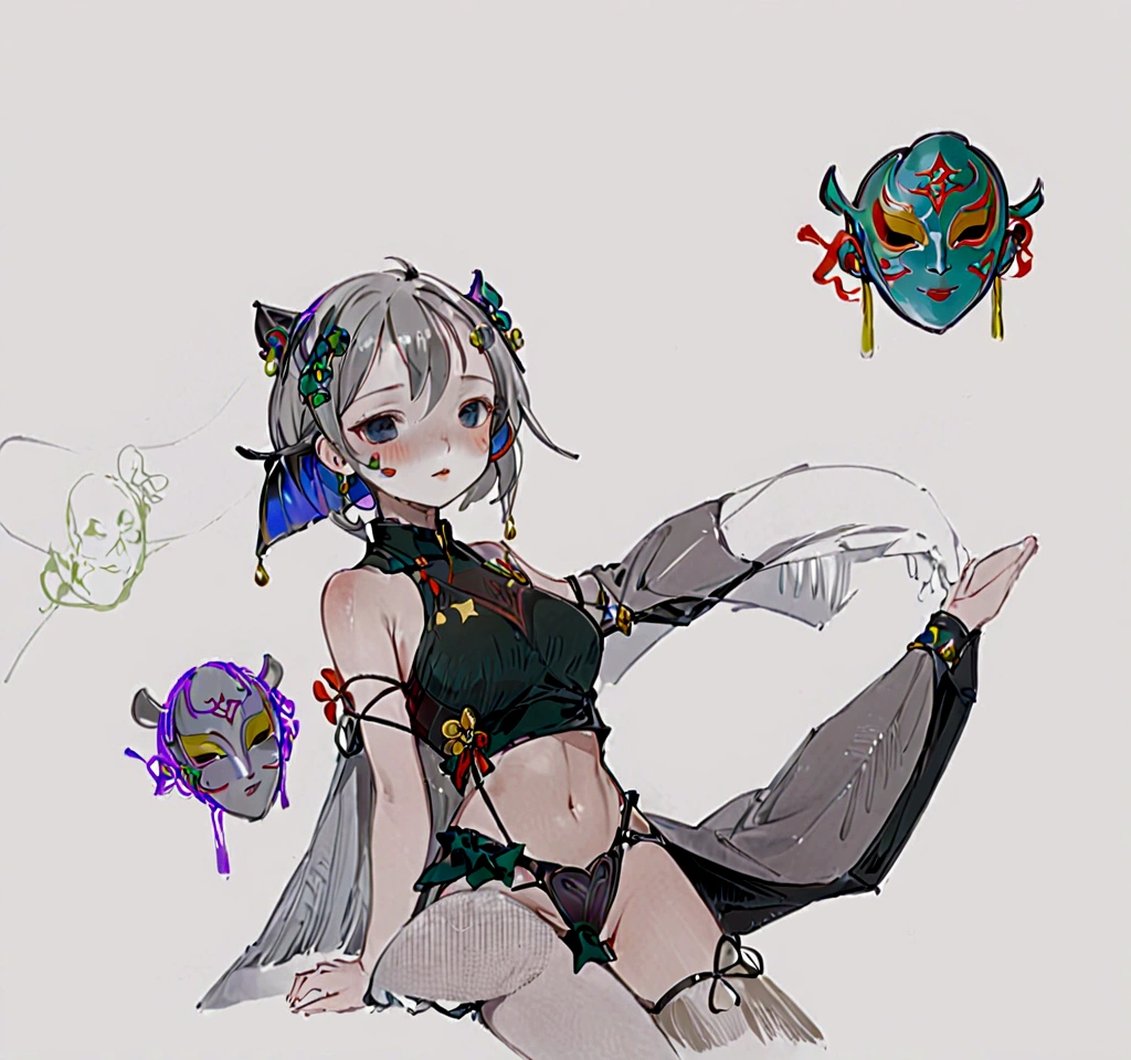 a young asian girl, 17 years old, with medium length gray and white hair, wearing a black silk cloak with stars on it, a traditional chinese hanfu dress that hugs her figure, white stockings tied with red chinese cords, no shoes, water-ink black eyes, porcelain white skin, holding a masquerade mask with "KP" and "Dice" designs, in a minimalist pencil sketch style background