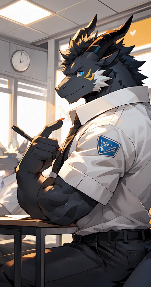 (by sollyz),dragon,white and black body,detail face, detail eyes, detail,male,pants,furry, short hair,(whiskers:1),__b2__,
,blue eyes,black body,handsome,class room,
strong,epic,