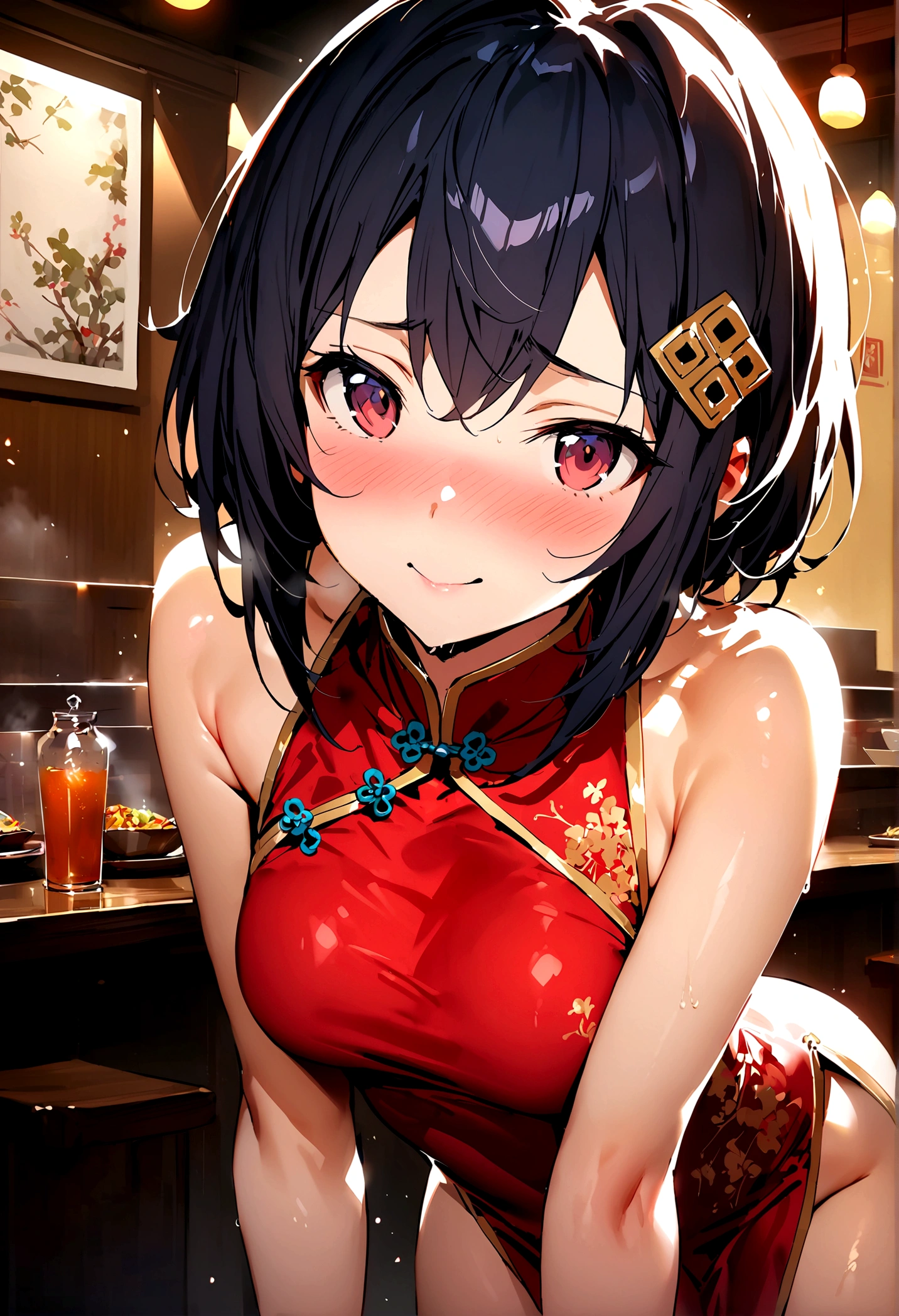 nsfw,work of art,highest quallity,high resolution,super verbose,Otherwise\(Sword Art Online\),(chinese dress),bared shoulders,neckleace, hair ornamen, hair clip,embarrased,expectant face,ssmile,blush,chinese restaurant,reception desk,play kiss naked sex