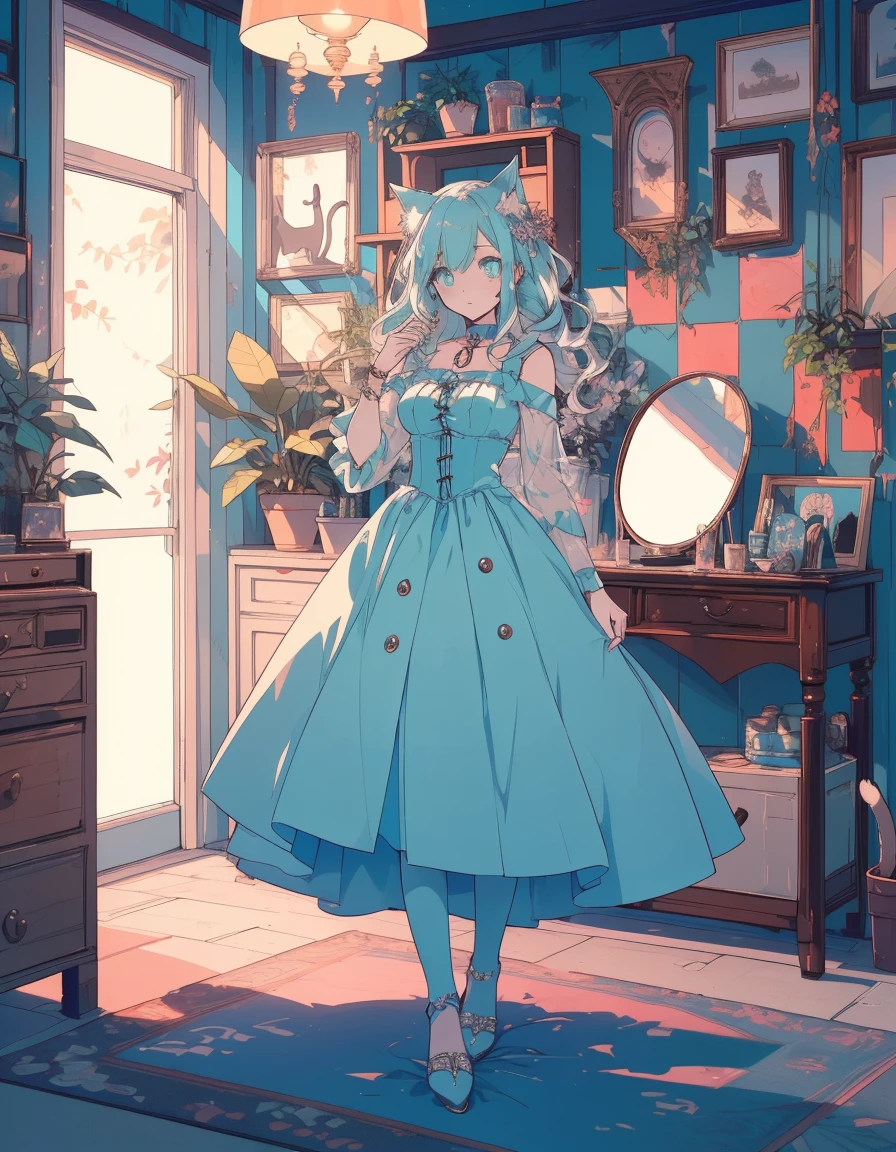 full body, mirror and river, ((masterpiece, best quality:1.5)), ((Beautiful detailed cat aqua eyes:1.2)), cat ears, pale skin, medium breasts, beautiful hands, beautiful fingers, EasyNegative