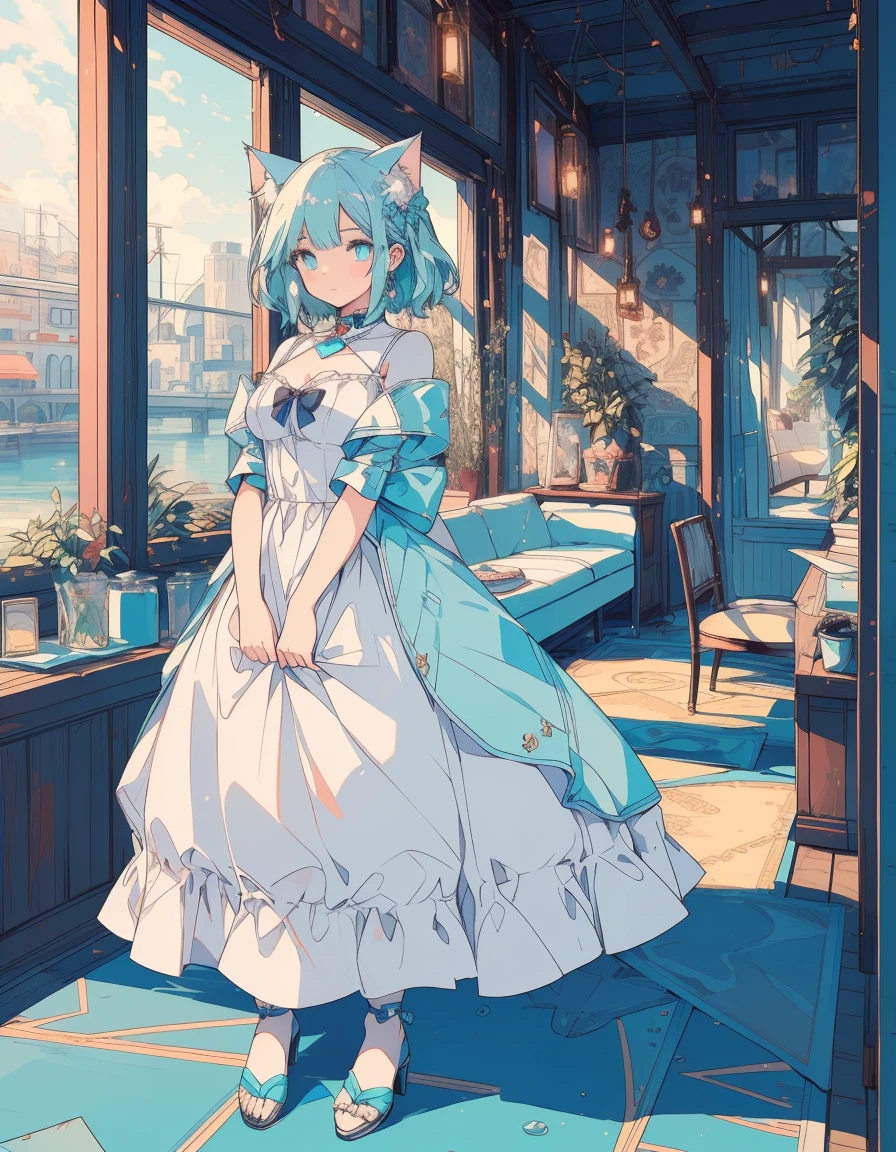 full body, mirror and river, ((masterpiece, best quality:1.5)), ((Beautiful detailed cat aqua eyes:1.2)), cat ears, pale skin, medium breasts, beautiful hands, beautiful fingers, EasyNegative