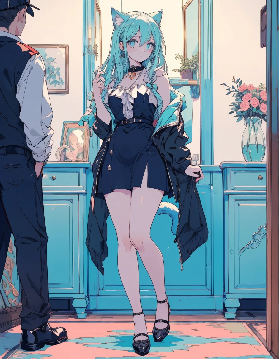 full body, mirror and river, ((masterpiece, best quality:1.5)), ((Beautiful detailed cat aqua eyes:1.2)), cat ears, pale skin, medium breasts, beautiful hands, beautiful fingers, EasyNegative