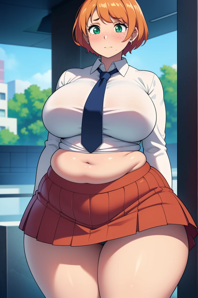 ((Masterpiece)), perfect anatomy, perfect shading, field of depth, (best quality), extremely delicate and beautiful, perfect lighting, detailed face, ultra cute face, cute, (cowboy shot 1.2), (office), (((1girls))), ((solo)) ((blush)), embarrassed, one girl has short orange hair, green eyes, freckles, medium breasts, thick thighs, wide hips, (chubby), arms behind back, white blouse, tie, (red pleaded skirt),