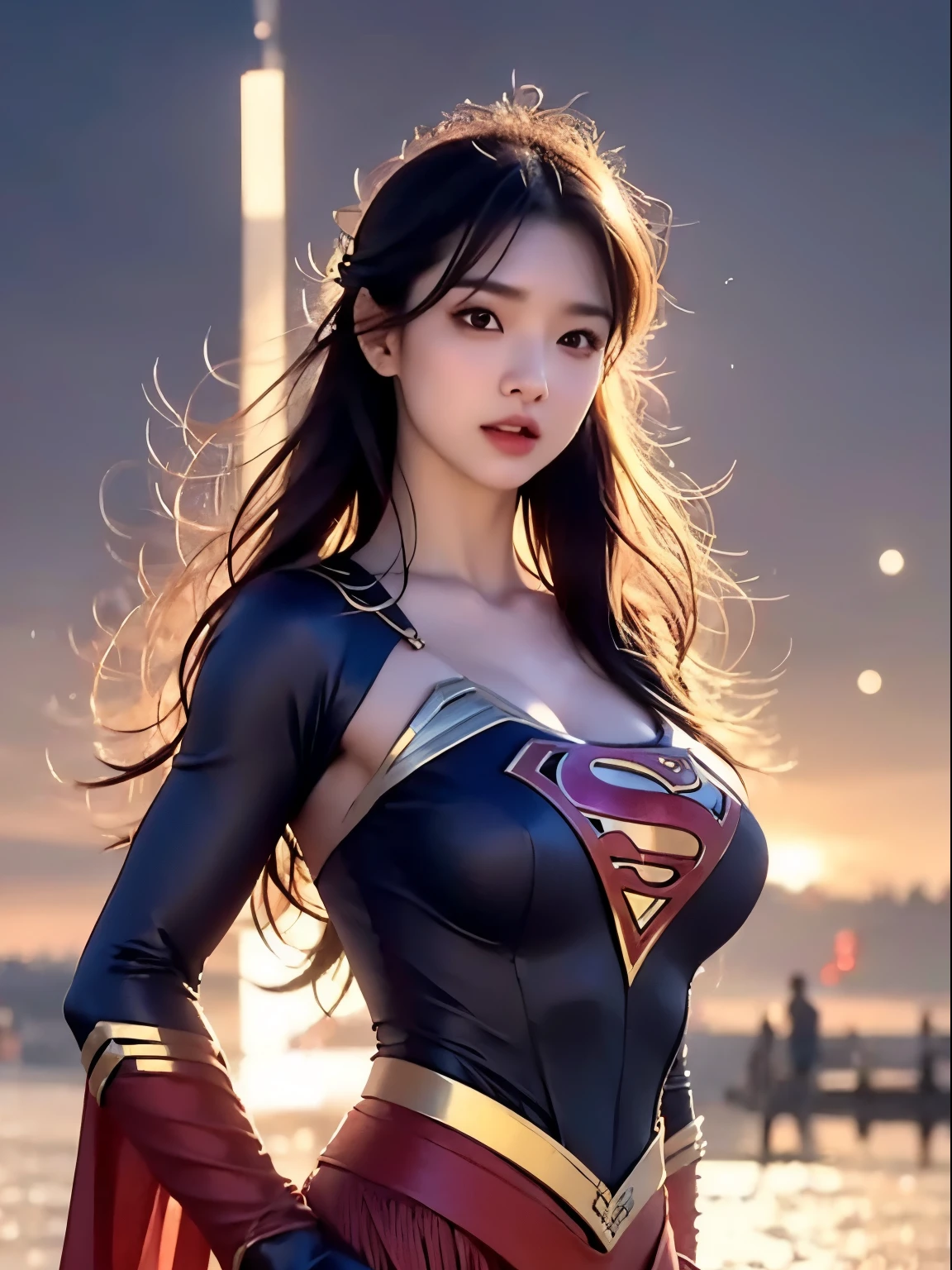 a close up of a asia woman in a superman costume standing on a cityscape, amouranth as a super villain, super photo realistic, realistic cosplay, super photo-realistic, ultra mega super hyper realistic, super-hero girl, super realistic photo, superhero body, highly detailed giantess shot, supergirl, superhero, superhero portrait, super model, super hero, super photorealistic, gigantic breasts, showing Vulvas muscular body, sexy body,
