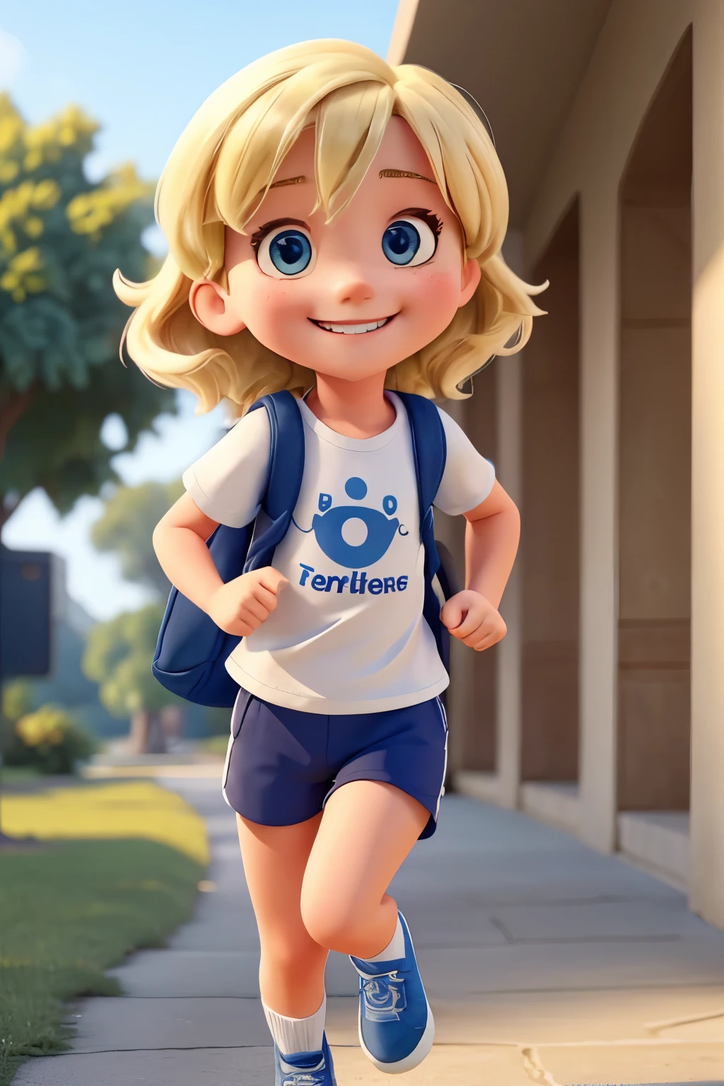 Four-year-old BLONDE WOMAN running FAST, smiling in blue shorts , white shirt, BLACK OM BACKPACK TÊNES