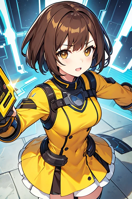 Robot woman, short brown hair, Brown eyes, yellow dress