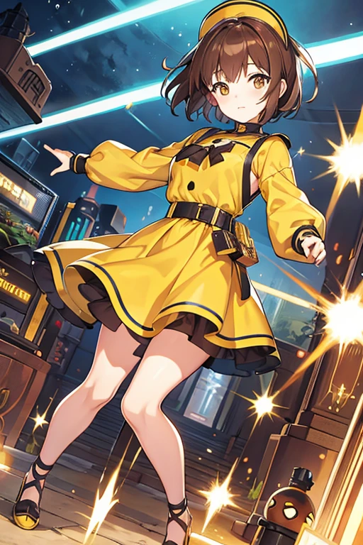 Robot woman, short brown hair, Brown eyes, yellow dress 