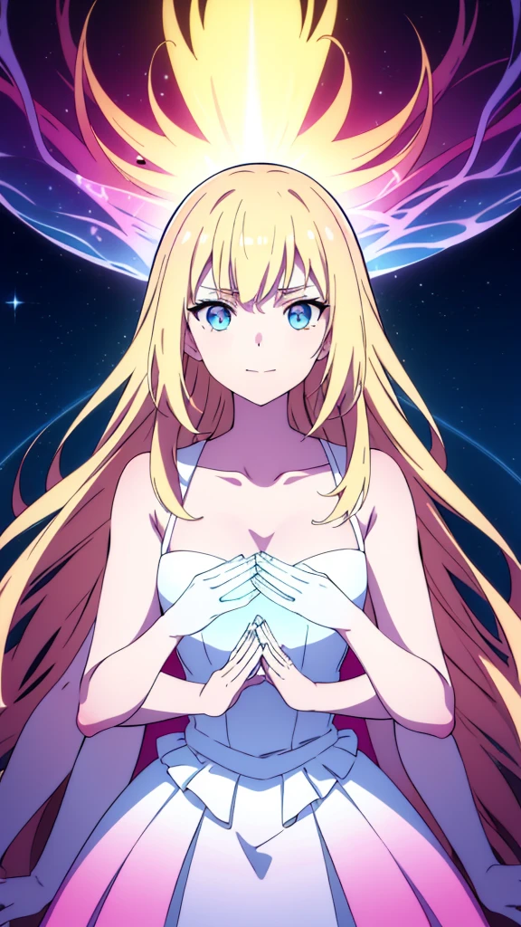 beautiful girl, puffy tiered ballgown, vibrant pastel colors,20s,madure female,smile,angry,closed mouth,white dress,cleavage,sleeveless,((glowing blonde long hair)), magical lights, sparkling magical liquid, inspired by Glen Keane, inspired by Lois van Baarle, disney art style, by Lois van Baarle, glowing aura around her, by Glen Keane, jen bartel, glowing lights! digital painting, flowing glowing hair, glowing flowing hair, beautiful digital illustration, fantasia background, whimsical, magical, fantasy, ((beautiful face)), ((masterpiece, best quality)), intricate details, highly detailed, sharp focus, 8k resolution, sparkling detailed eyes, liquid watercolor,extra arms,four arms