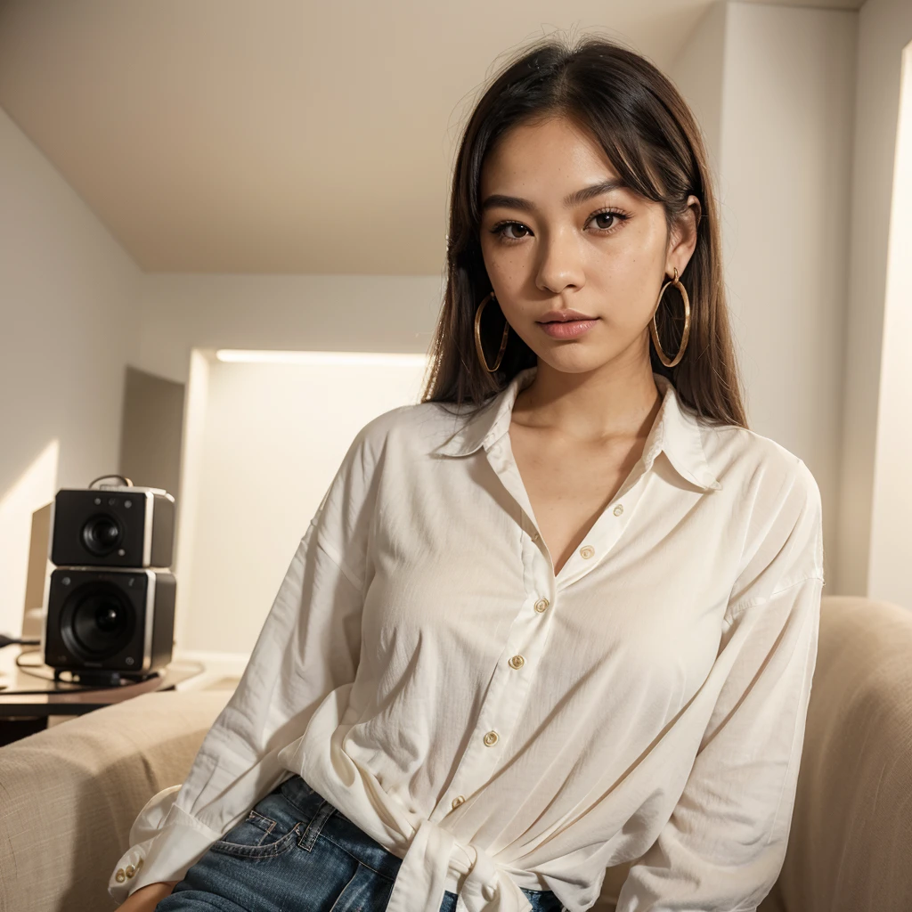 "A young 19-year-old woman named Lila Nakamura with a mixed Asian and American heritage. She has thick dark black eyeliner, glossy lips, and a neutral to slight smile expression. She has straight, black hair with blonde highlights that falls just past her shoulders, styled in a neat and polished manner. Her eyes are almond-shaped with a light hazel color, accentuated by subtle eyeshadow and mascara. Her skin has a light to medium tone with a natural, fresh look, and she has a few delicate freckles across her nose. She is wearing a simple, professional outfit, consisting of a white blouse and dark jeans, and accessorized with small gold hoop earrings. The background is a neutral studio setting with soft lighting to highlight her features."