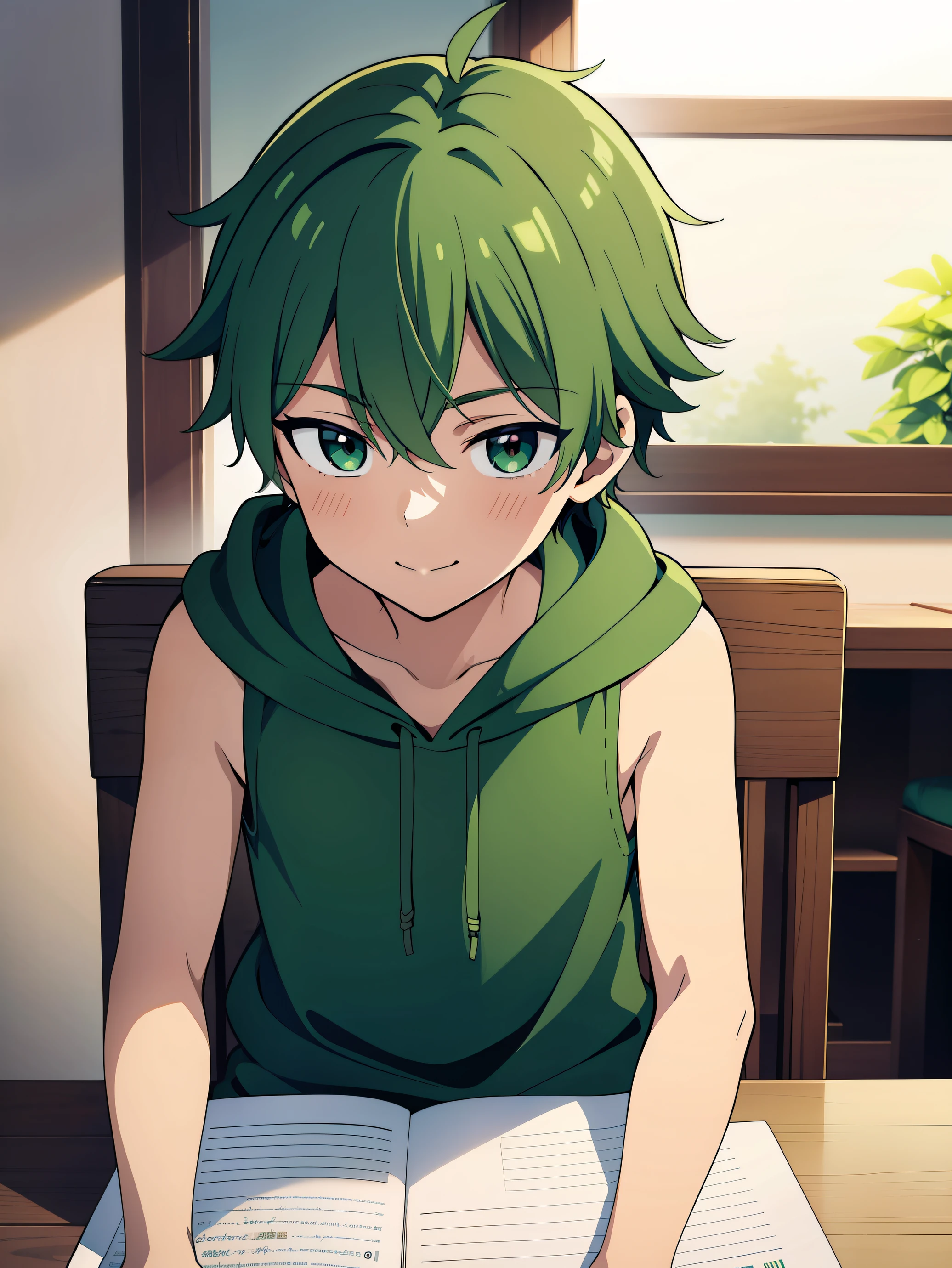 Highres, Masterpiece, Best quality at best,Best Quality,hight quality, hight detailed, Anime style, 1boy, Shota, young boy, Solo person, smile, Green hair, messy hair, sit on the chair, writing, Sleeveless hoodie, Focus on the shoulders, Bare shoulder, Seen from the side, upper body, (very young boy), (very small and short body), 12-year-old boys, uhd, blurry beckground