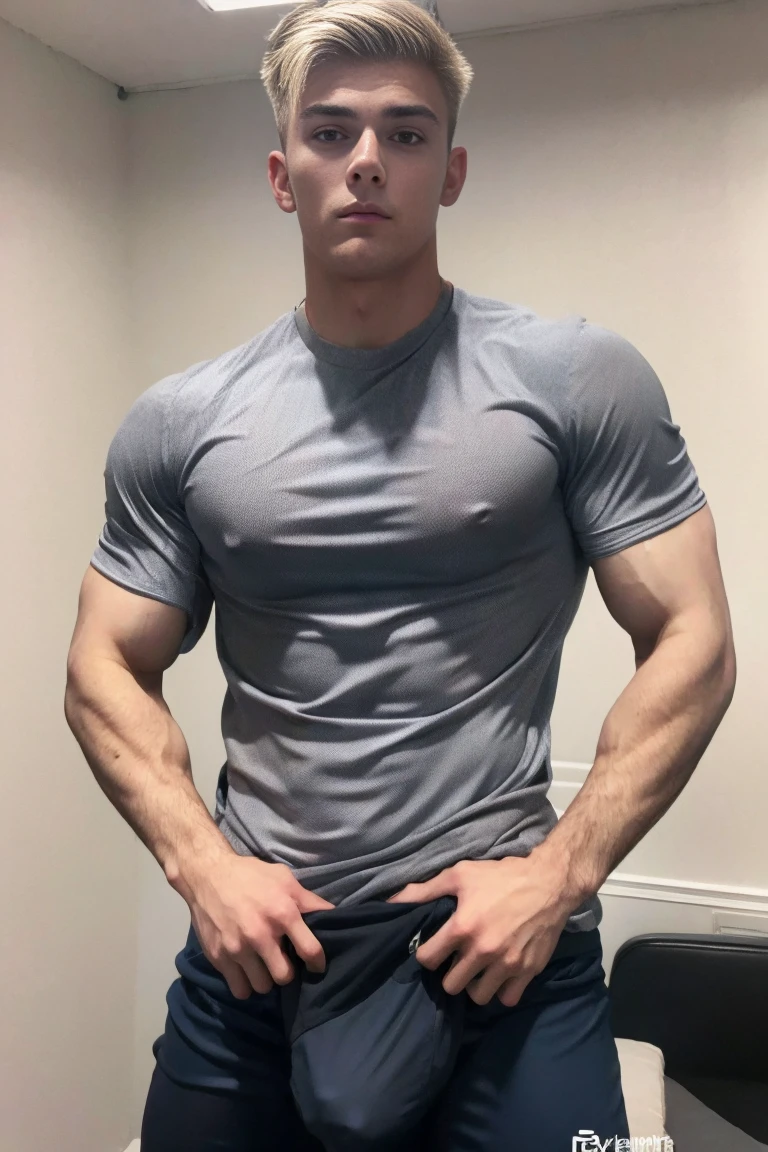 muscle handsome blonde guy 18 yo, wear tight gray soccer shirt, he has big and long dick pulled by girl