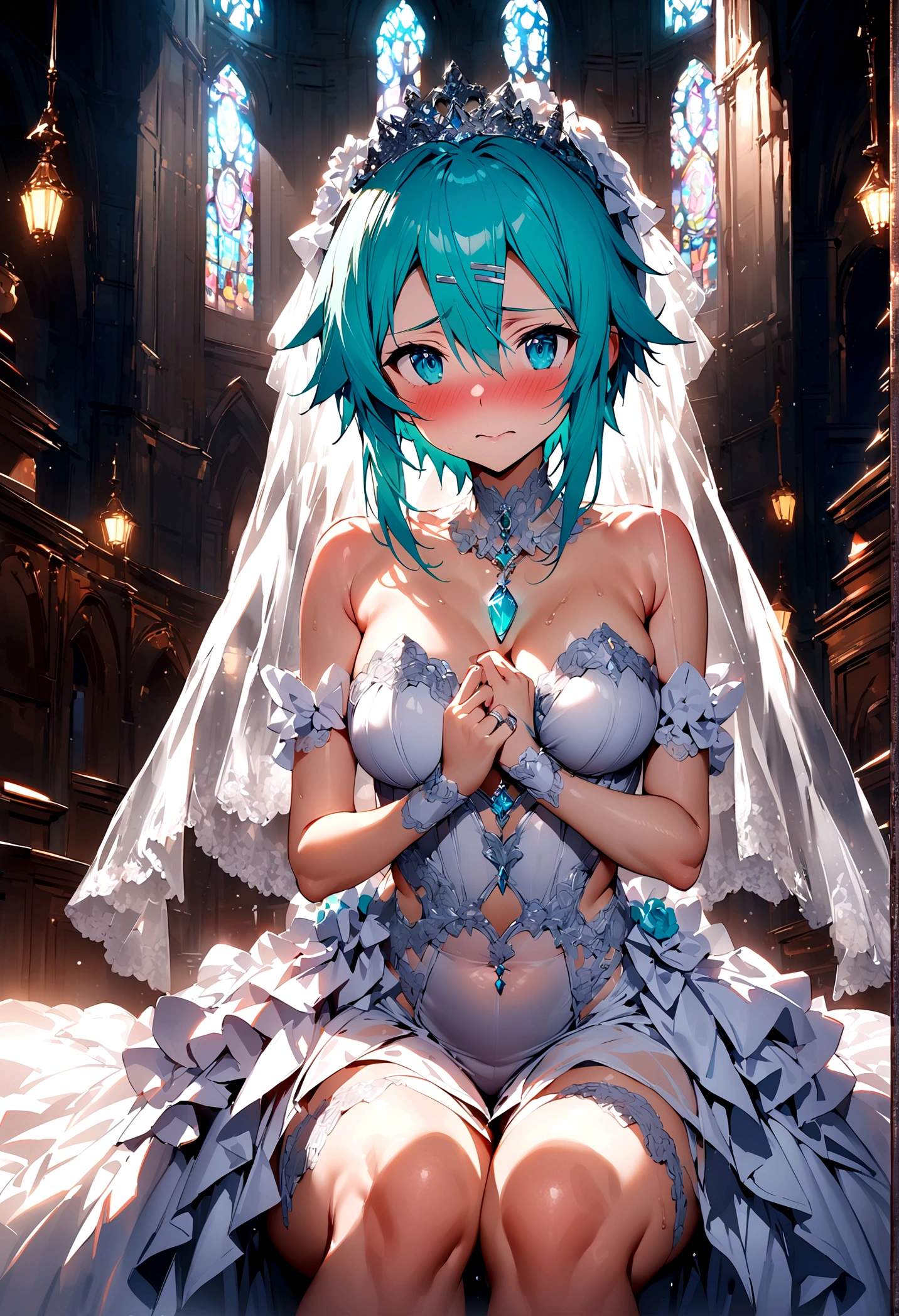 NSFW,masterpiece,Highest quality,High resolution,Super detailed,Sinon\(Sword Art Online\),(High quality sexy wedding dress),High-quality wedding lingerie,Wedding Veil,tiara,gem, hair ornaments, Hair Clip,wedding ring,Embarrassed,expectant face,blush,Church at night in the moonlight,Luxurious Room,wedding