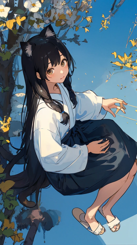 a girls, from above,black hair, cat,long sleeves, long hair,long hair, on back,slippers,blue sky,長い道を歩く
