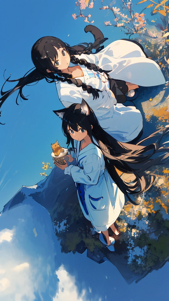 a girls, from above,black hair, cat,long sleeves, long hair,long hair, on back,slippers,blue sky,長い道を歩く