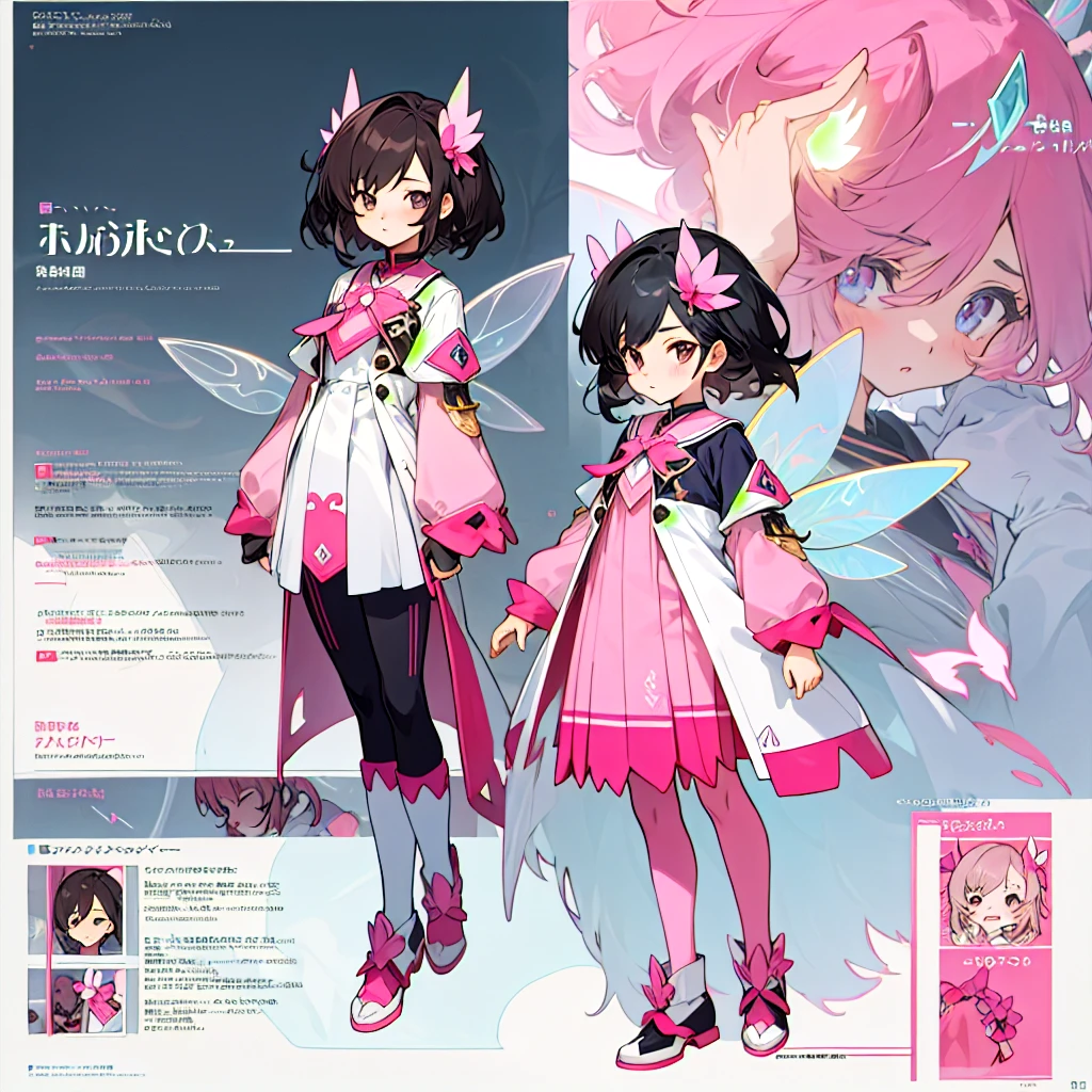 anime - style image of a character with a variety of hair and accessories, anime set style, anime character reference sheet, pink fantasy uniform, flat anime style, anime full body illustration, full_body!!, complete detailed body, extra detailed body, anime vtuber full body model, soft anime illustration, anime style character, clean detailed anime style,a boy with dark hair, pink magic power, and a fairy glowing wings with the pink colour. 