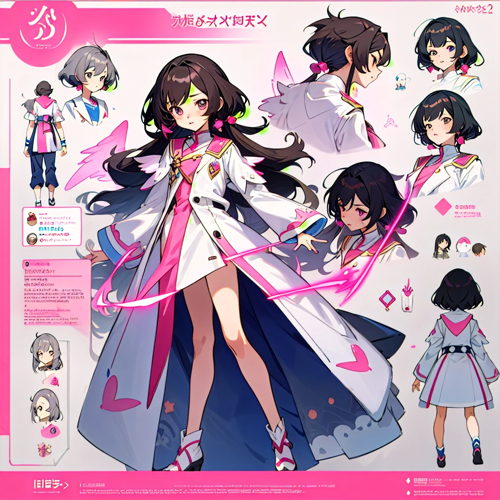 anime - style image of a character with a variety of hair and accessories, anime set style, anime character reference sheet, pink fantasy uniform, flat anime style, anime full body illustration, full_body!!, complete detailed body, extra detailed body, anime vtuber full body model, soft anime illustration, anime style character, clean detailed anime style,a boy with dark hair, pink magic power, and a fairy glowing wings with the pink colour.