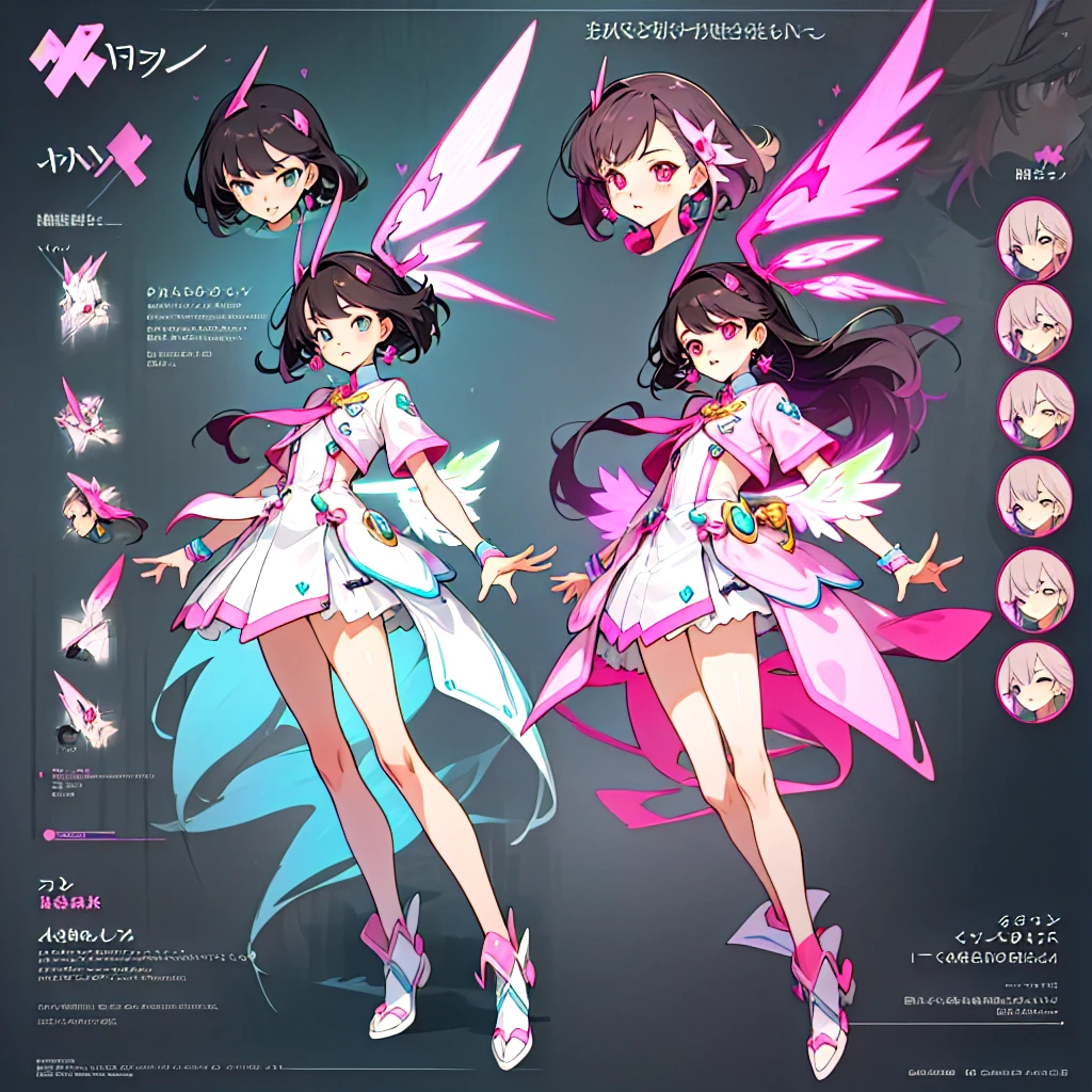 anime - style image of a character with a variety of hair and accessories, anime set style, anime character reference sheet, pink fantasy uniform, flat anime style, anime full body illustration, full_body!!, complete detailed body, extra detailed body, anime vtuber full body model, soft anime illustration, anime style character, clean detailed anime style,a boy with dark hair, pink magic power, and a fairy glowing wings with the pink colour. 