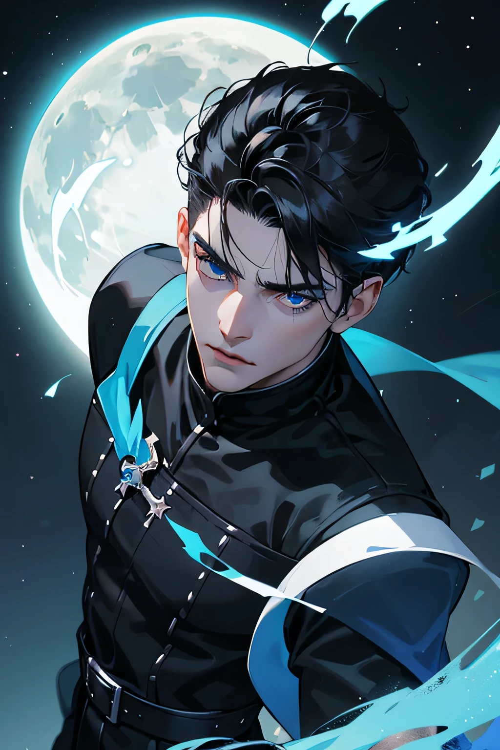 1 boy, black layer hair with bangs like pony, white skin, good skin, blue eyes, cool, hansome, blue magic, blue lighting, serious face, kingdom, black boots, black cloth, astral view, focus face, moon