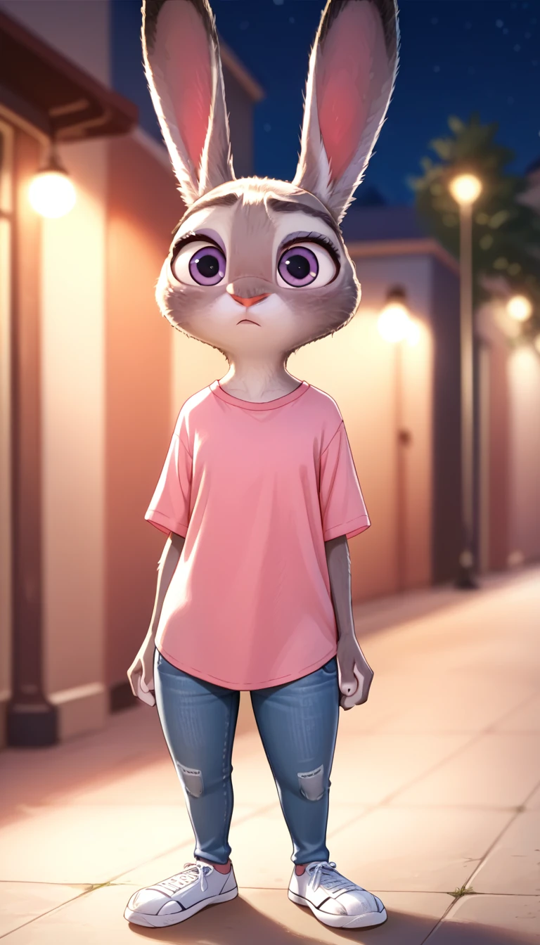 score_9, score_8_up, score_7_up, score_6_up, source_furry, confused judyhopps, dark, night, backlight, solo, pink shirt, jeans, white sneakers, full body, arms at sides, front view, portrait