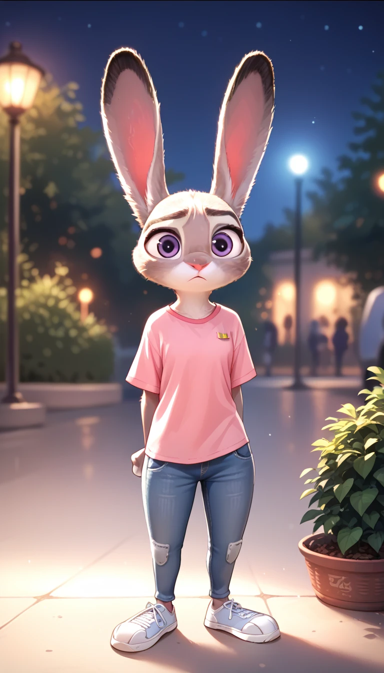 score_9, score_8_up, score_7_up, score_6_up, source_furry, confused judyhopps, dark, night, backlight, solo, pink shirt, jeans, white sneakers, full body, arms at sides, front view, portrait