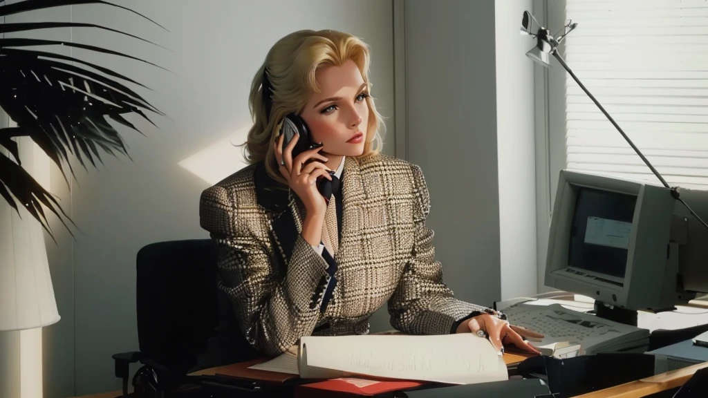 blond woman sitting at desk talking on telephone with computer monitor, 1 9 8 0 s business fashion, business woman, 1 9 8 0 s woman, woman in business suit, young business woman, denis velleneuve, female in office dress, sat at her desk, female lawyer, wearing a strict business suit, serious business, working hard, portrait of kim wexler