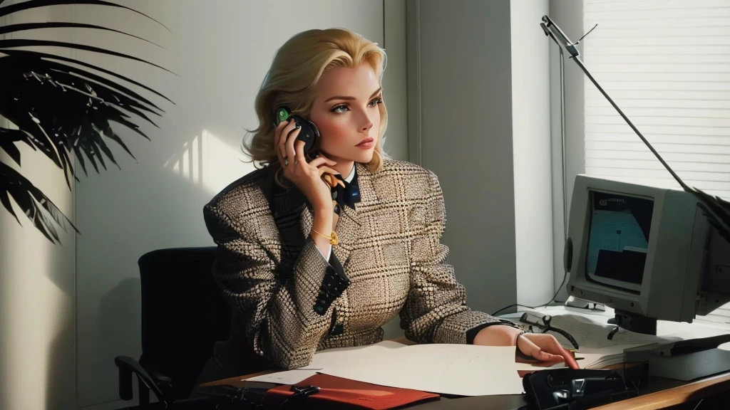 blond woman sitting at desk talking on telephone with computer monitor, 1 9 8 0 s business fashion, business woman, 1 9 8 0 s woman, woman in business suit, young business woman, denis velleneuve, female in office dress, sat at her desk, female lawyer, wearing a strict business suit, serious business, working hard, portrait of kim wexler