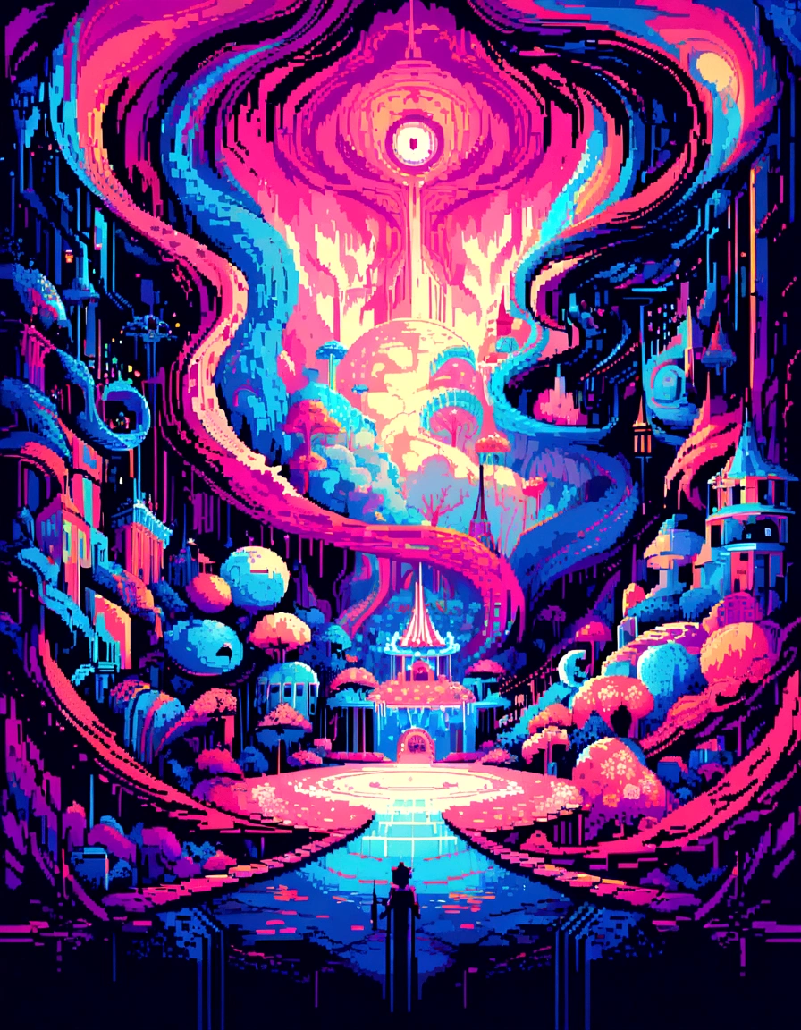 (best quality,4k,8k,highres,masterpiece:1.2),pixel art,retro style,abstract,sharp lines,vibrant colors,unique textures,medium:digital,limited color palette,blocky shapes,detailed structures,surreal elements,imagination unleashed,playful characters,strong contrast,precise placement,symmetric composition,immersive environment,futuristic technology,stylized details,highly pixelated,striking visuals,crisp edges,artistic interpretation,expression of creativity,digital medium magic,dynamic perspective,artful pixelation,unexpected color combinations,smooth transitions,precise pixel placement,exquisite attention to detail,stylized lighting effects,atmospheric ambiance,visual storytelling,engaging world-building,parallel universe exploration,retro gaming nostalgia,playful atmosphere,mind-bending illusions,otherworldly landscapes,unconventional art form,unique artistic vision.