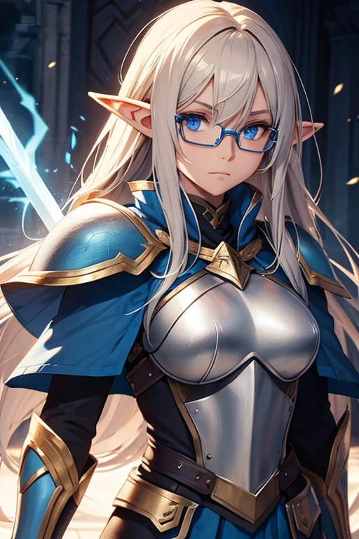 an elf girl with dark blonde hair, blue eyes, silver armor with blue details, a golden sword, a blue cape, glasses