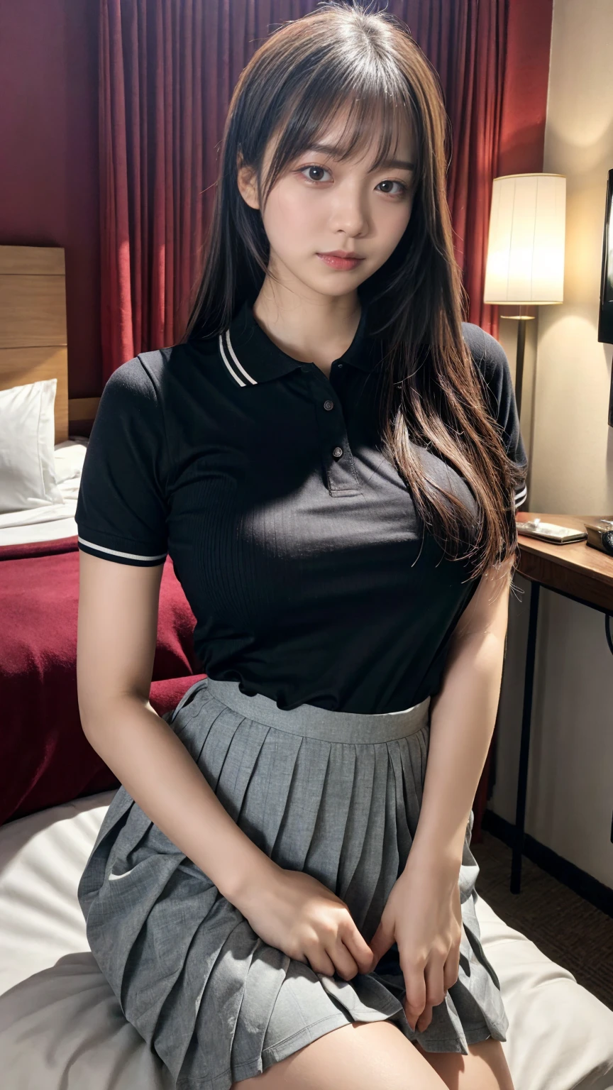 (8K, RAW Photos, Highest quality, masterpiece:1.2), (professional photography, full colors, studio-caliber color grading), (Gravure quality for high-end fashion magazines), close up, BREAK,18 year old girl,(perfect long ponytail:1.1), crying a little, Harajuku style, Big Natural Color Lip, (Plumpy body:1.2), (smooth skin:1.1), (huge breasts:1.2 BREAK (A tight polo shirt that expresses the roundness and softness of the chest area. pleated skirt, BREAK (hotel room:1.2)