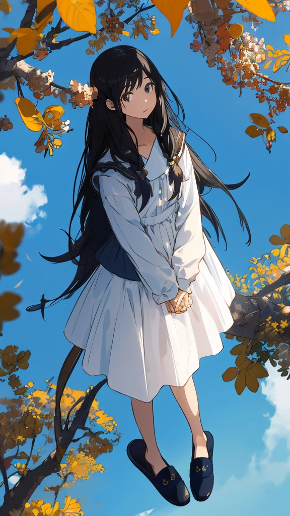 a girls, from above,black hair,long sleeves, long hair,long hair, on back,slippers,blue sky,Looking up at the sky
