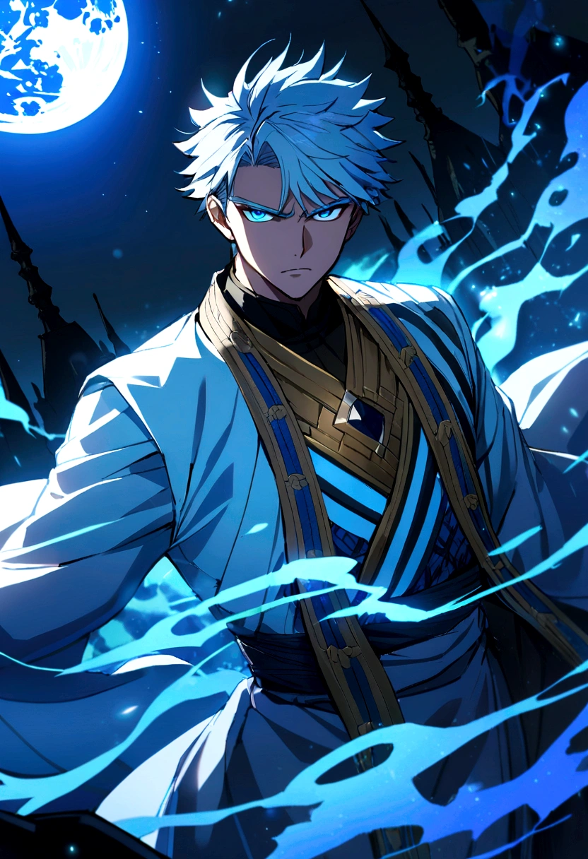 1 boy, Male, look like gojo satoru, balck hair, light blue beautifull eyes, serious face, handsome, cool, maskulin, black kingdom cloth, robe, in dark castle, blue magic splash, blue light, blue sparkle, big moon on back